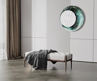 Minimalist Ottoman Bench With Gray Blanket Wooden Legs And Decorative Wall Art In Modern Room 3d model
