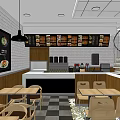 Modern Restaurant Interior With Pendant Lights Tables Chairs Checkered Black White Floor Posters Counter Vases