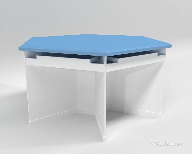 Hexagonal Office Desk With Blue Tabletop And White Support Structure 3d model