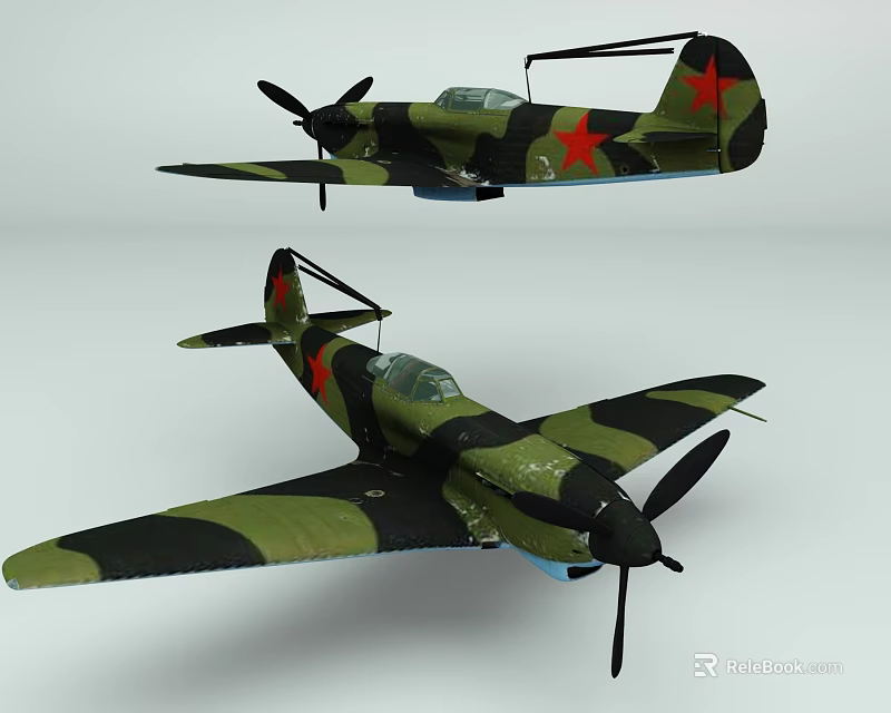 Military Fighter Aircraft With Camouflage Paint Red Star Symbols And Twin Propellers 3d model 