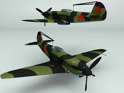 Military Fighter Aircraft With Camouflage Paint Red Star Symbols And Twin Propellers 3d model