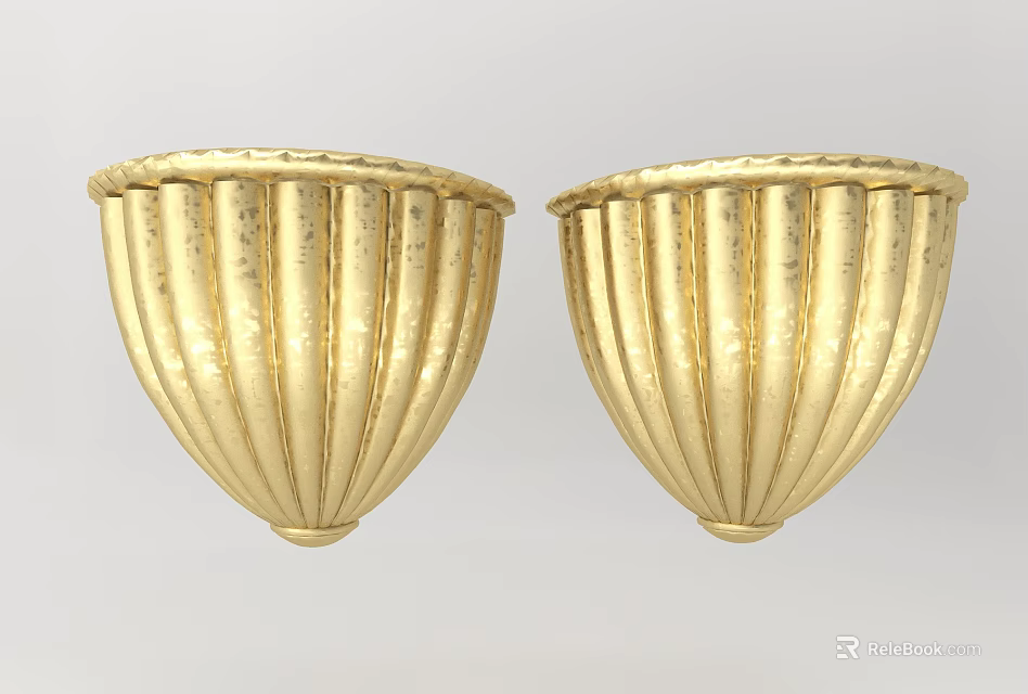 Two Golden Carved Elegant Wall Mounted Ornaments With Vertical Striped Design 3d model 