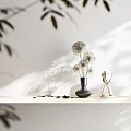 Dandelion Like Flowers In Black Vase On Tabletop With White Wall And Light Shadows