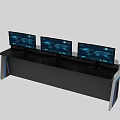 Modern Office Desk With Three Monitors And Blue Accent Storage Cabinets
