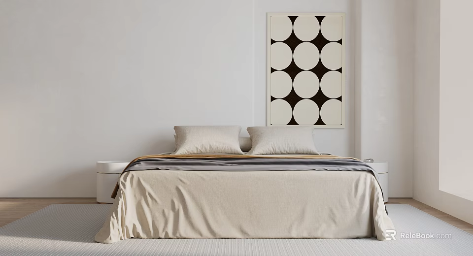Double Bed With Beige Bedspread Two Pillows On White Wall And Black White Circle Artwork 3d model