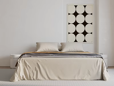 Double Bed With Beige Bedspread Two Pillows On White Wall And Black White Circle Artwork 3d model
