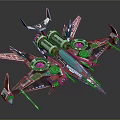 Futuristic Sci Fi Spaceship With Red Green Accents Multiple Wings And Circular Engines