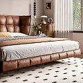 Brown Leather Tufted Double Bed In Modern Interior With Nightstand And Decorative Paintings