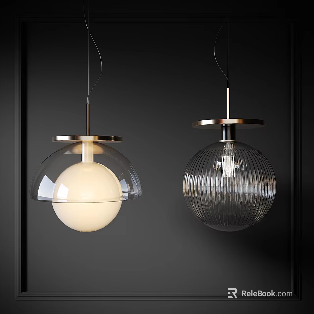Modern Pendant Lights With Transparent Glass Shade Golden Metal Ring And Ribbed Sphere 3d model 