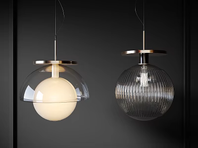 Modern Pendant Lights With Transparent Glass Shade Golden Metal Ring And Ribbed Sphere 3d model
