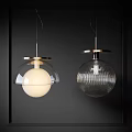 Modern Pendant Lights With Transparent Glass Shade Golden Metal Ring And Ribbed Sphere
