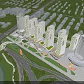 Tall Modern Office Buildings In Urban Skyline With Wide Road Cars And Greenery