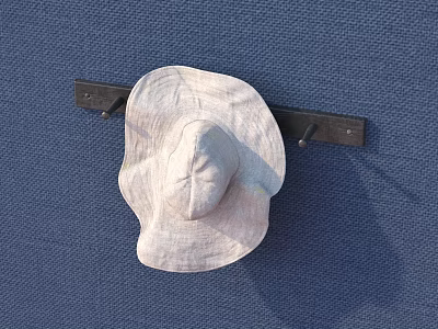 White Wide Brimmed Hat Hanging On Black Hook Against Blue Textured Background 3d model