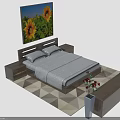 People In Cozy Bedroom With Double Bed Sunflower Painting And Floral Vase On Patterned Rug