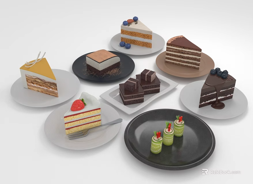 Assorted Delicious Cakes On White And Black Plates With Fruit Decorations 3d model 
