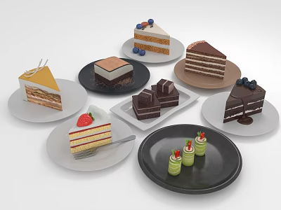Assorted Delicious Cakes On White And Black Plates With Fruit Decorations 3d model