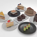 Assorted Delicious Cakes On White And Black Plates With Fruit Decorations