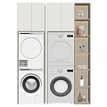 Modern Bathroom Cabinet Rack With Stacked Laundry Machines And Open Shelves