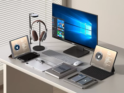 Modern Desktop Computer Workstation With Monitor Tablets Headphones Keyboard And Mouse 3d model
