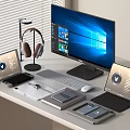 Modern Desktop Computer Workstation With Monitor Tablets Headphones Keyboard And Mouse