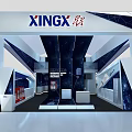 Modern XINGX Exhibition Booth With Geometric Structure Multi level Design And Red Display Cabinets