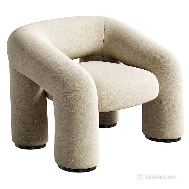 Modern Beige Fabric Single Seater Sofa With Curved Armrest And Black Legs 3d model 