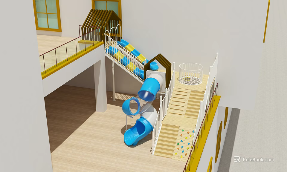 Kindergarten Indoor Play Area With Colorful Slide Stairs And Safe Railings 3d model 