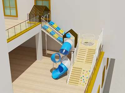Kindergarten Indoor Play Area With Colorful Slide Stairs And Safe Railings 3d model