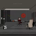 Modern Office Interior With Black Desk Red Chair Green Plant And Circular Decor