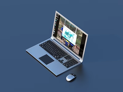 Modern Open Silver Laptop With Screen Displaying Content And Wireless Mouse 3d model