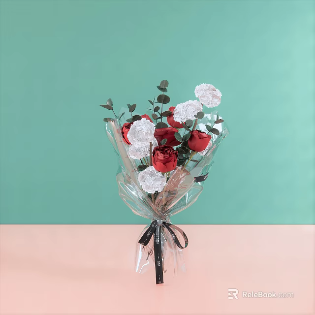 Decorative Ornament Set With Red Roses White Flowers Transparent Wrap Black Ribbon On Pink Tabletop 3d model 