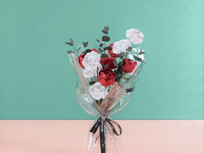 Decorative Ornament Set With Red Roses White Flowers Transparent Wrap Black Ribbon On Pink Tabletop 3d model