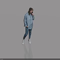 Woman Standing In Light Background Talking On Phone Wearing Blue Shirt Jeans And White Shoes