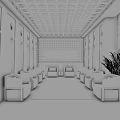 Hotel Public Lounge With Wooden Grid Ceiling Wall Lamps White Armchairs And Colorful Rug