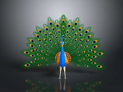 Peacock Displaying Vibrant Green Blue And Orange Feathers With Eye Spots On Grey Background 3d model