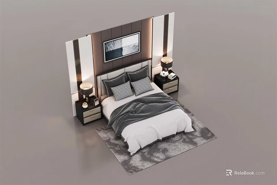 Modern Background Double Bed with Striped Headboard Wall Art Nightstands Lamps and Gray White Bedding 3d model 