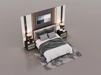 Modern Background Double Bed with Striped Headboard Wall Art Nightstands Lamps and Gray White Bedding 3d model