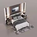 Modern Background Double Bed with Striped Headboard Wall Art Nightstands Lamps and Gray White Bedding
