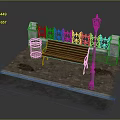 Classic Outdoor Bench With Trash Can Street Lamp Iron Fence And Brick Pavement