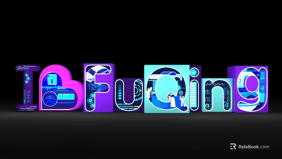 Colorful 3D Letters Forming Fucking With Illustrated Elements On Black Background 3d model 