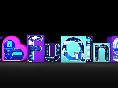 Colorful 3D Letters Forming Fucking With Illustrated Elements On Black Background 3d model