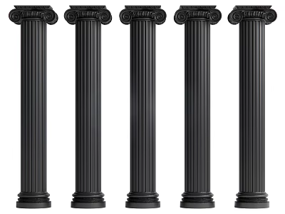 Five Classical Black Roman Columns Featuring Fluted Design And Decorative Capitals 3d model