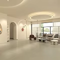 Modern Beauty Salon Interior Design With Circular Ceiling Reception Area Sofas Plants And Display Shelves