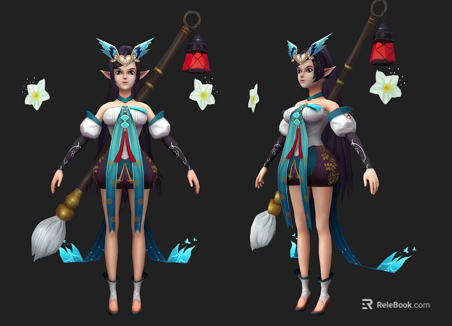 Game Character Design With Elven Ears Blue White Outfit Lantern And Flowers 3d model 
