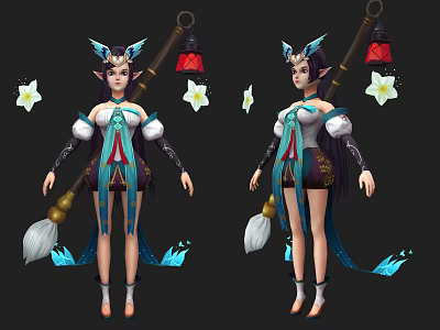 Game Character Design With Elven Ears Blue White Outfit Lantern And Flowers 3d model