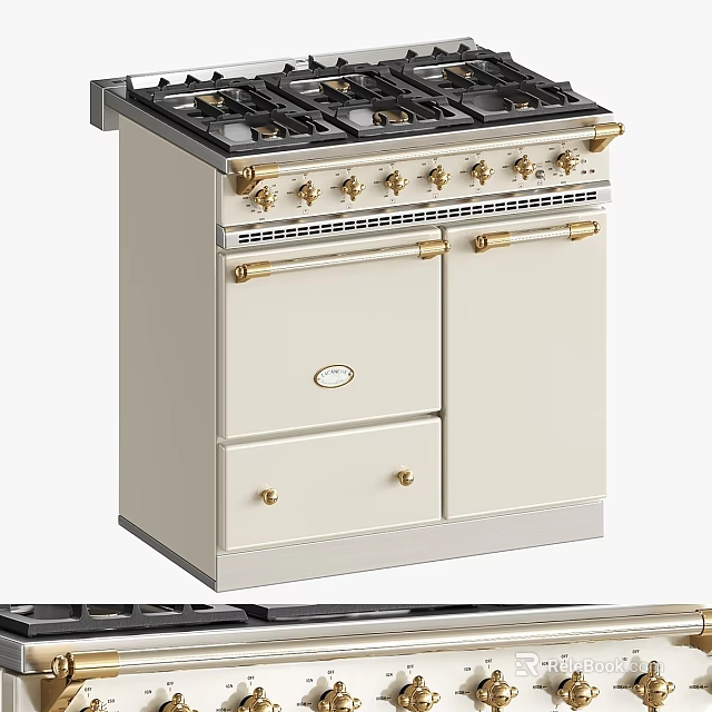 Elegant Cream Colored Kitchen Stove Oven With Gold Knobs Handles And Cabinet Doors 3d model 