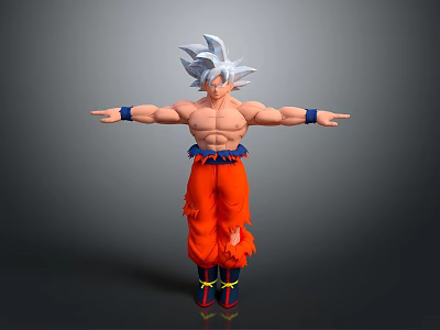 3D Anime Character Model With Silver Hair Muscular Body Torn Orange Pants And Outstretched Arms 3d model