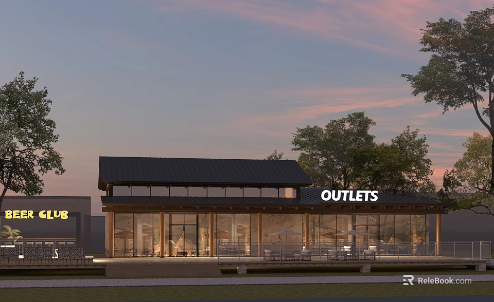 Modern Guesthouse Building With Large Glass Windows Black Roof And Sunset Sky 3d model 
