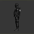 Police Officer In Tactical Black Uniform With Helmet And Gear Standing On Gray Background