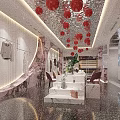 Elegant Modern Bridal Shop Interior With Wedding Dress Displays Marble Decor And Red Floral Decorations